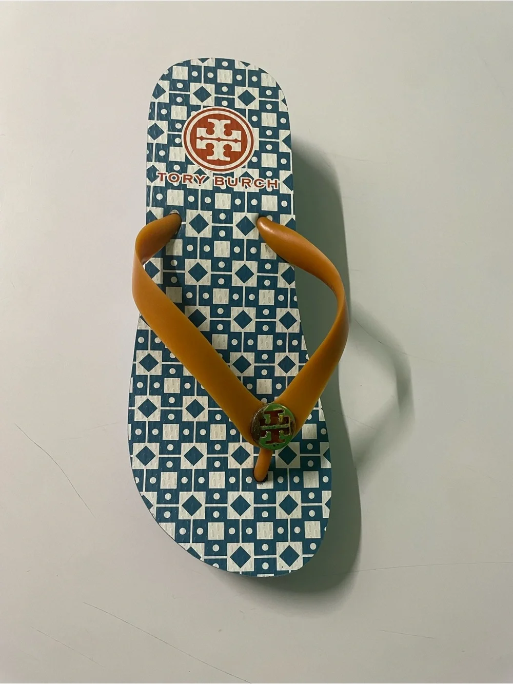 Tory Burch Blue Geometric Flip Flops with Tan Straps
